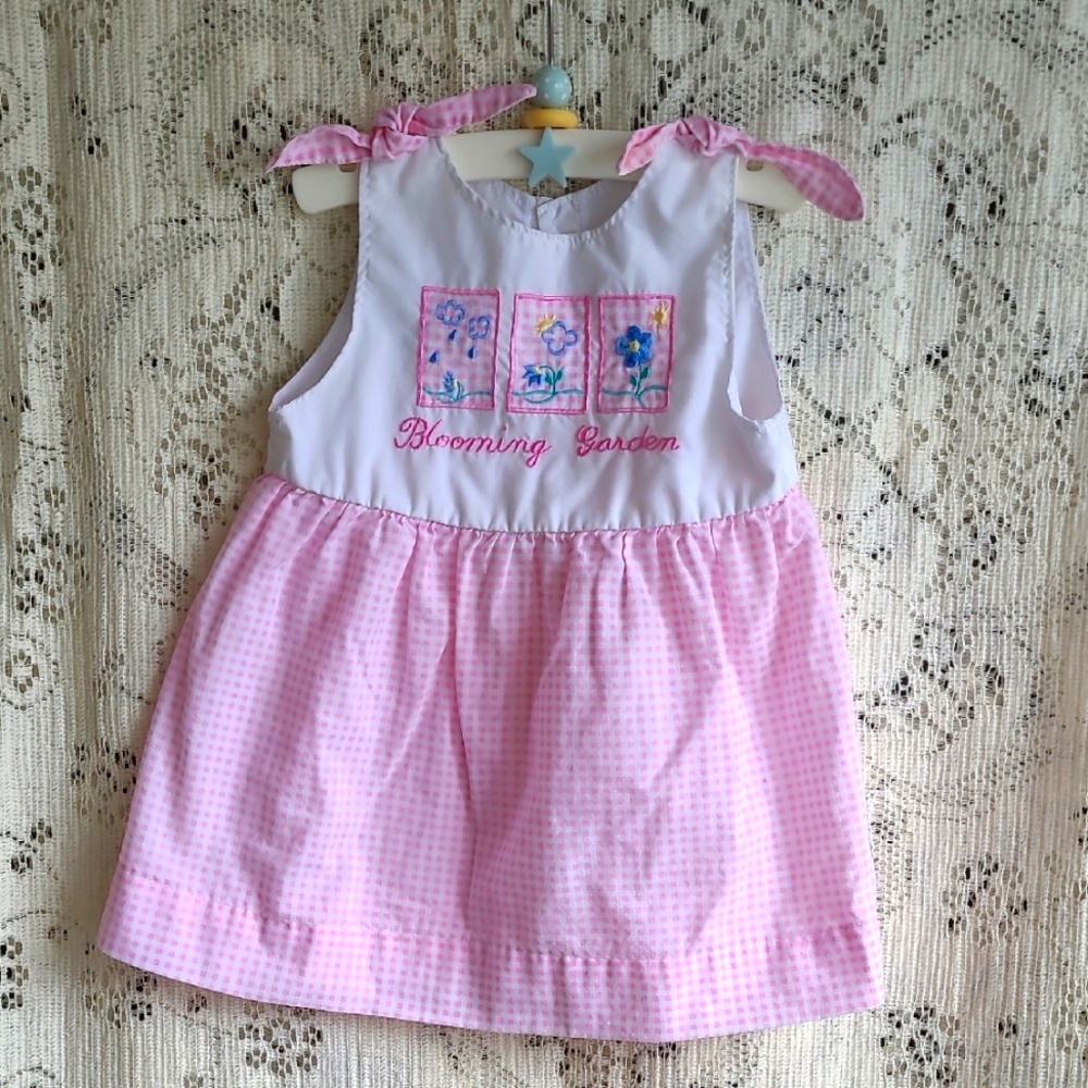 Vintage Pink Gingham Sleeveless Toddler Dress with Embroidery